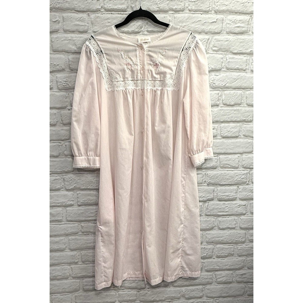 Vtg Barbizon Pink Lace Embroidered Long Sleeve Night Gown Babydoll‎ Sheer Sz M/L - Picture 2 of 16